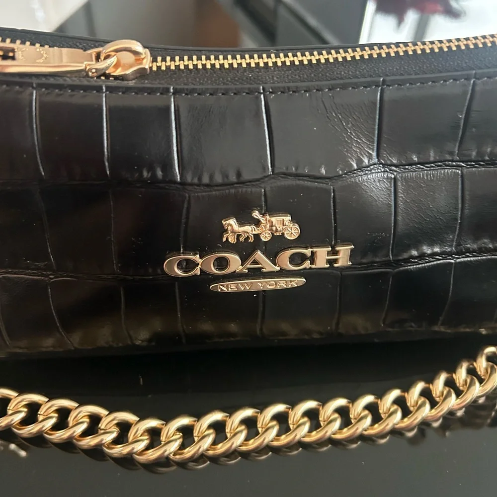Coach Black Croc-Embossed Shoulder Bag with Gold Accents - Picture 2 of 5